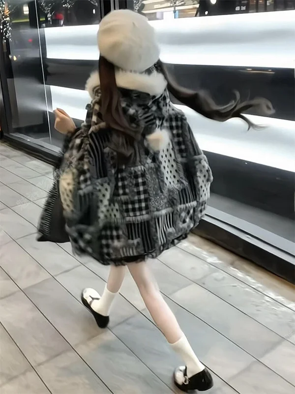 Unique Plaid Hooded Shawl Coat Women's Winter Thick Outerwear Furry Tassel Loose Coat Warm Travel Work Outdoor Daily