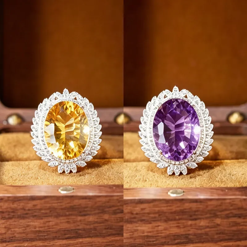 Big Carat Natural Citrine Amethyst Ring Women's S925 Sterling Silver Color Treasure Jewelry European and American