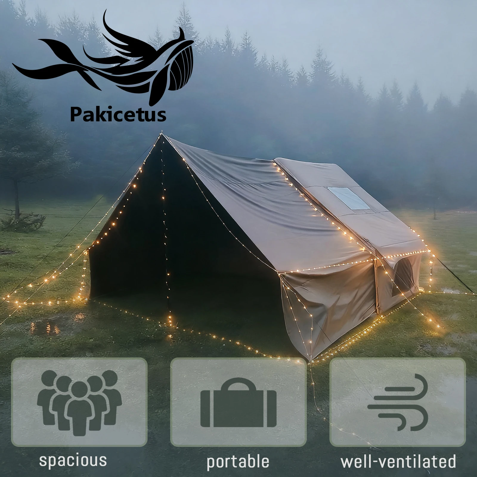 PAKICETUS Baumwoll-Canvas Aufblasbares Campingzelt, Atmungsaktives Glamping-Zelt mit Dachfenster, 4-6 Personen Schnellaufbau 4-Jahreszeiten-Outdoor-Unterstand für Wildnis-Camping & Backcountry-Expeditionen – Detail 1