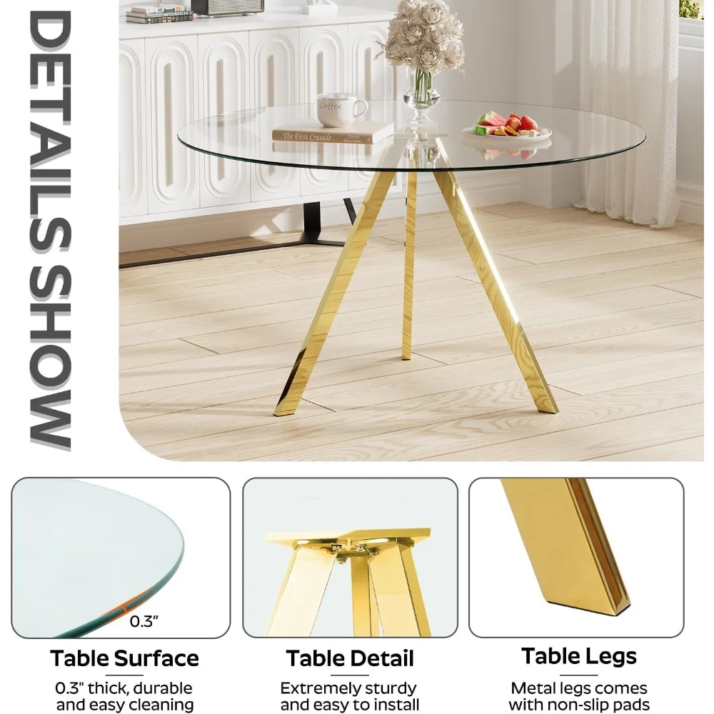 طاولة طعام مستديرة تتسع لـ 4، 39 بوصة، طاولة طعام زجاجية حديثة، طاولة قهوة ترفيهية، طاولة عشاء دائرية للمطبخ، مساحة توفير (ذهبي) #3