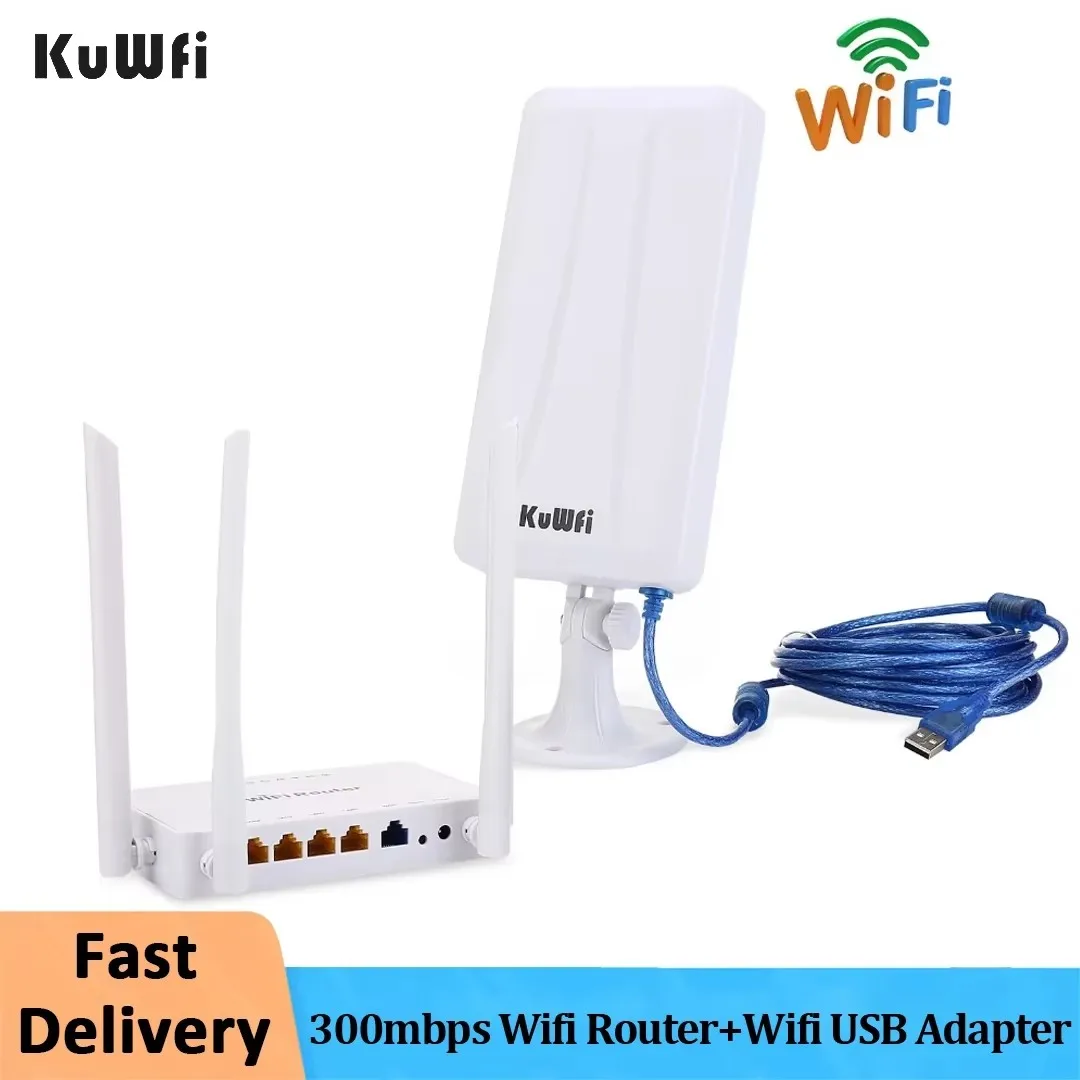 KuWFi 300mbps Router bezprzewodowy i adapter USB Wi-Fi o wysokim wzmocnieniu Rozszerzenie sygnału Wi-Fi Odbiornik dużej mocy Udostępnij 32 użytkowników na PC