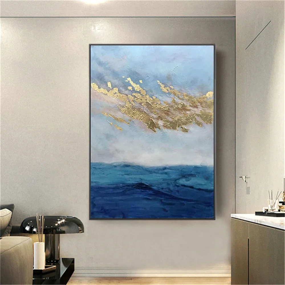 

Handmade Blue Gold Oil Painting On Canvas Abstract Starry Sky Landscape Wall Art Pictures For Living Room Decor Salon Mural Art