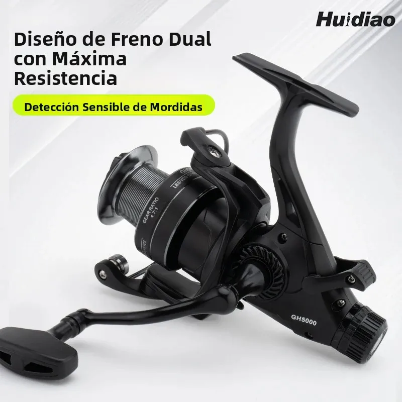 Carrete giratorio de freno delantero y trasero HUIDIAO, arrastre máximo de 12KG, relación de engranaje 5,2: 1, carrete de pesca con freno Daul, carrete cónico para fundición larga