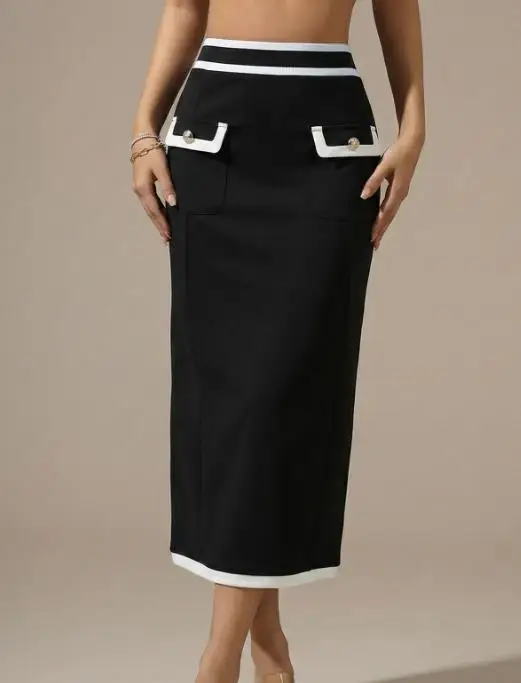 

2025 summer new commuting elegant style mid length skirt with high waist, slim fit, contrasting color, hip hugging skirt