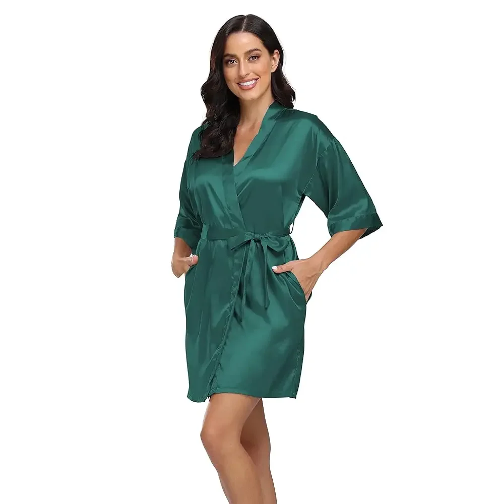 

Women's Satin Robe Silk Kimono Bathrobe Pure Short Sexy Sleepwear Bridesmaid Bride Party Robes with Pockets