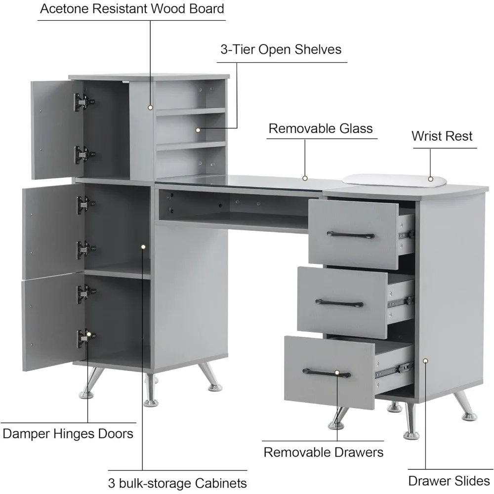 Manicure Table, Nail Makeup Desk with Drawers Storage Beauty Salon Workstation Spacious Storage Capacity Ergonomic Design Silver