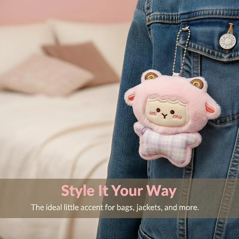 Cute Fluffy Plush Sheep Keychain Soft Texture Plaid Pattern Perfect For Backpack Decor Bag Pendant Kids Birthday Gifts