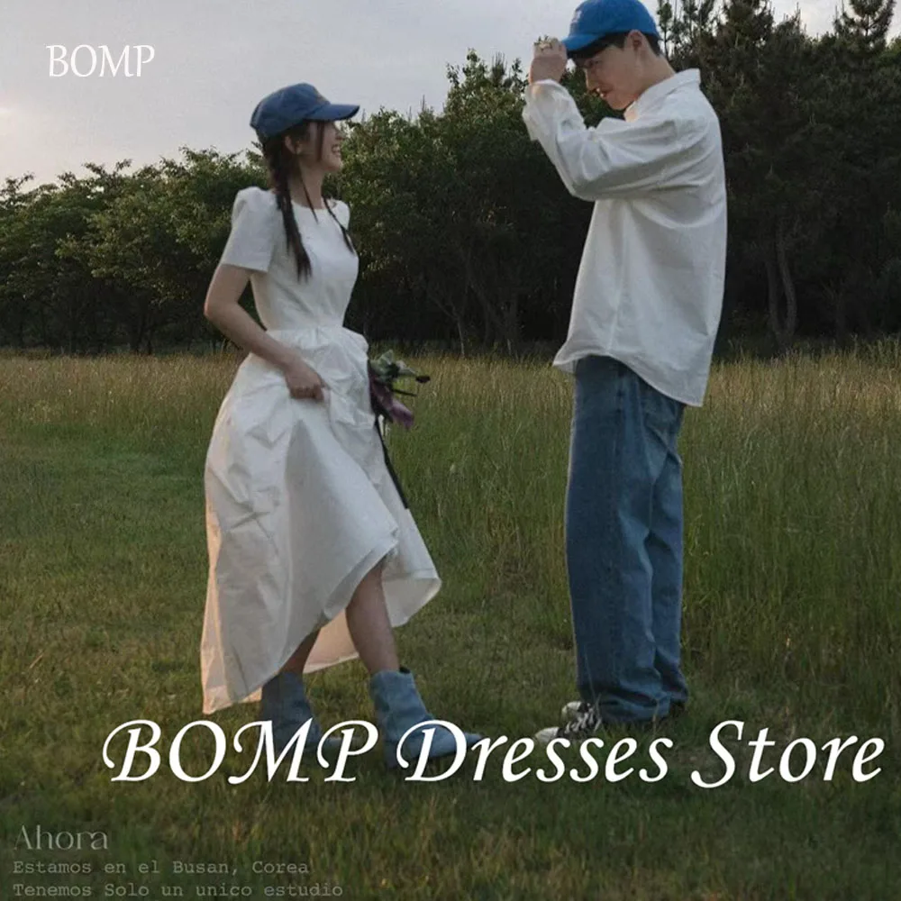 BOMP Simple A Line Taffeta ชุดแต่งงานเกาหลีถ่ายภาพแขนสั้นความยาวชุดเจ้าสาวรัดตัวกลับที่กําหนดเอง