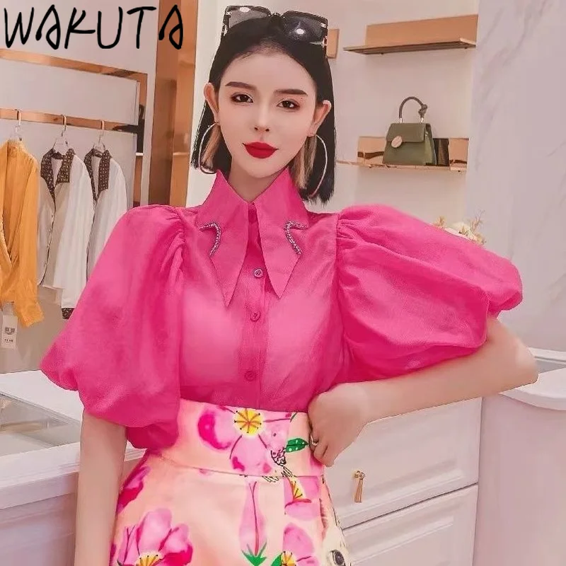 

WAKUTA Offical Lantern Short Sleeve Shirts Summer OL Fashion Solid Diamonds Turn Down Neck Blouses Korean Style 2024 Elegant