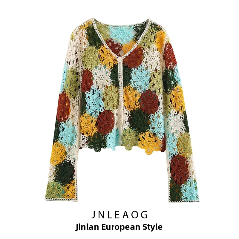 JNLEAOG Autumn New Women's Fashion Creative Color Block Knitted Sweater Personality Pattern Long Sleeve Polyester Coat