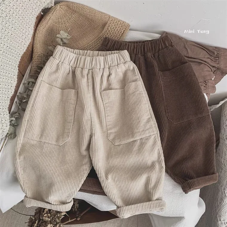 

Корейские осенние детские штаны для маленьких мальчиков, вельветовые свободные брюки со средней талией для маленьких мальчиков, однотонные повседневные длинные штаны для мальчиков от 1 до 6 лет