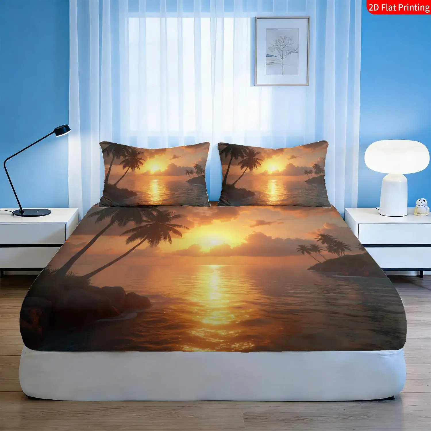 3-Piece Mattress Protector Set, Tropical Coastal Sunset Ocean Theme Bedding, Orange and Blue Gradient Palm Tree and Golden Sun Print Mattress Protector, Stain-Resistant Mattress Cover. Suitable for All Seasons, Machine Washable, Easy to Care For, Suitable for Home Bedrooms, a Must-Have for Dorms and Rentals, Master Bedroom and Guest Room Decoration, Dust-Proof and Stain-Resistant, High Elasticity, Fits Various Sizes