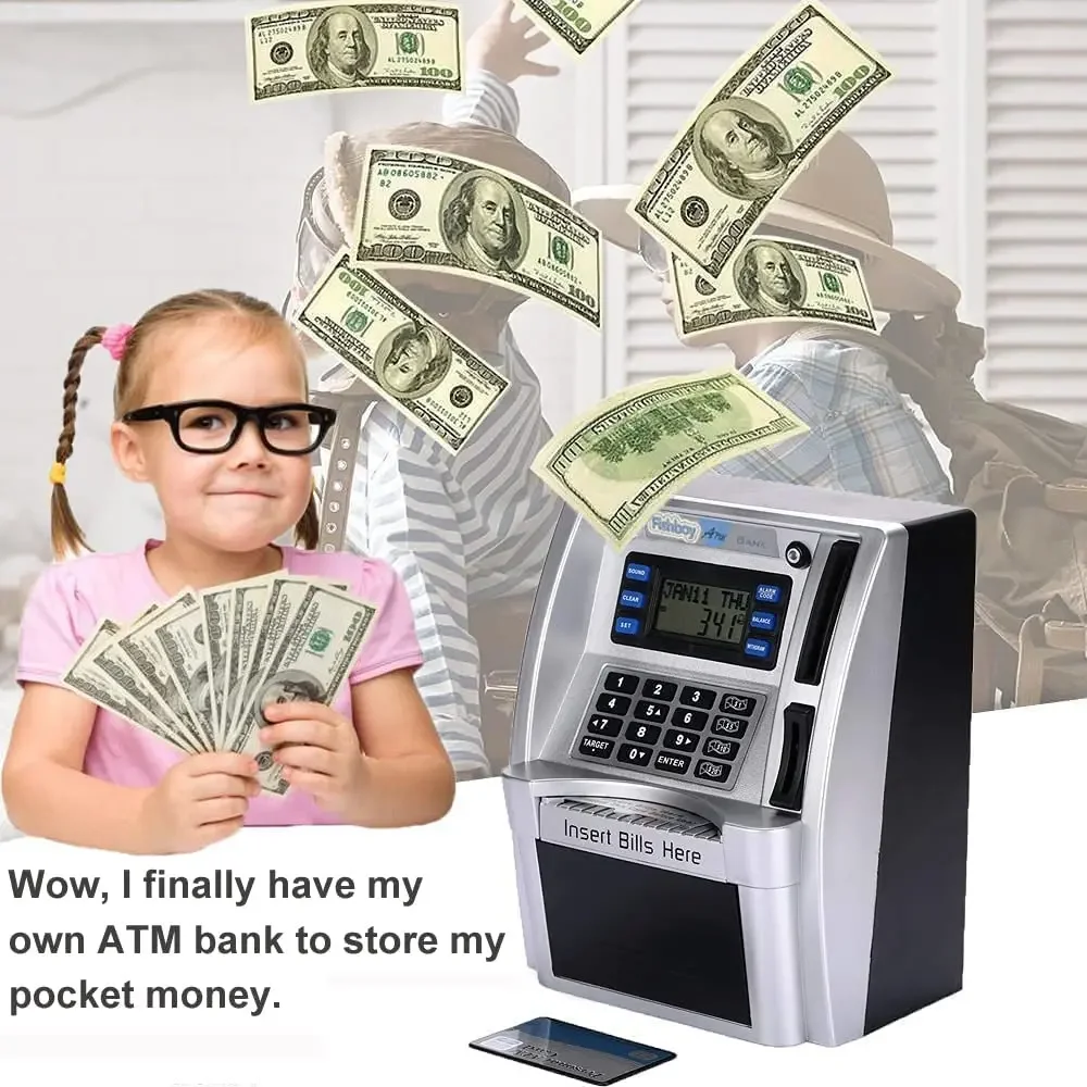 2023 Electronic Piggy Bank ATM Cash Coins Saving Box Password Money Box ATM Bank Safe Box Automatic Deposit Banknote Kids Gift