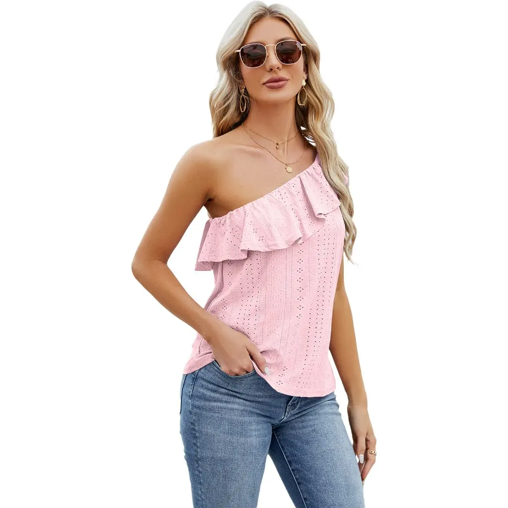 

Women's Ruffled Solid Color Vest Simple Shoulder Pleated Top for Spring Summer New Arrival from