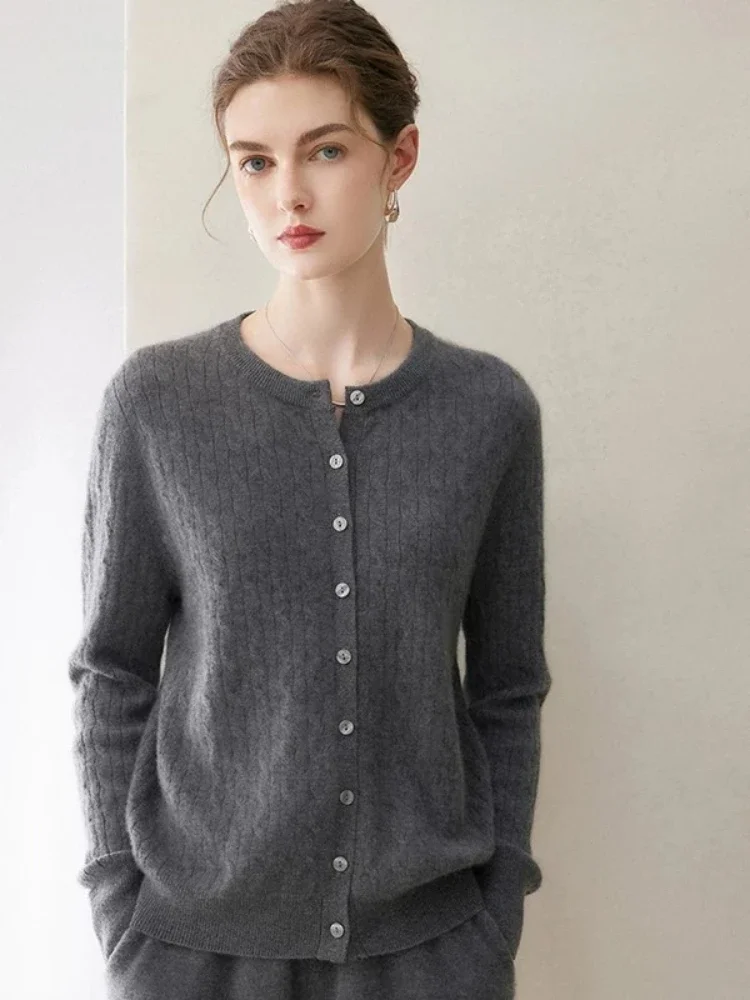 Round Neck Cable‑Knit Women Cardigan 2026 Autumn Winter New Loose Knit Sweater Women Coat Casual Outerwear Tops