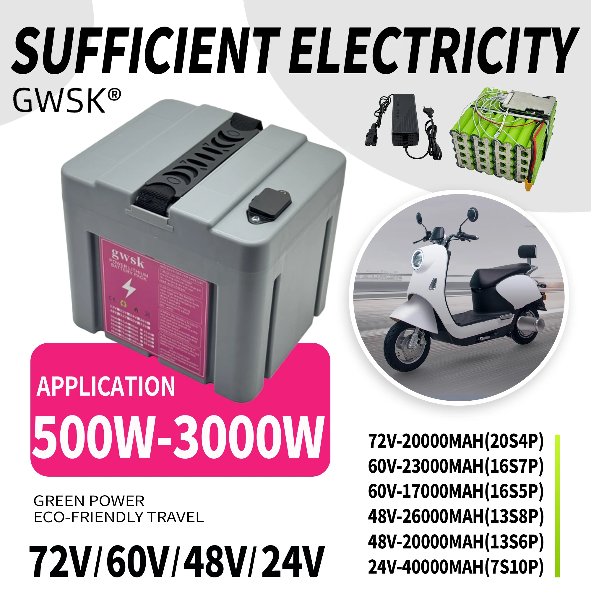 

Little white box, 24V/60V/72V 100% new full capacity, new 18650 lithium battery, suitable for 3000W+BMS