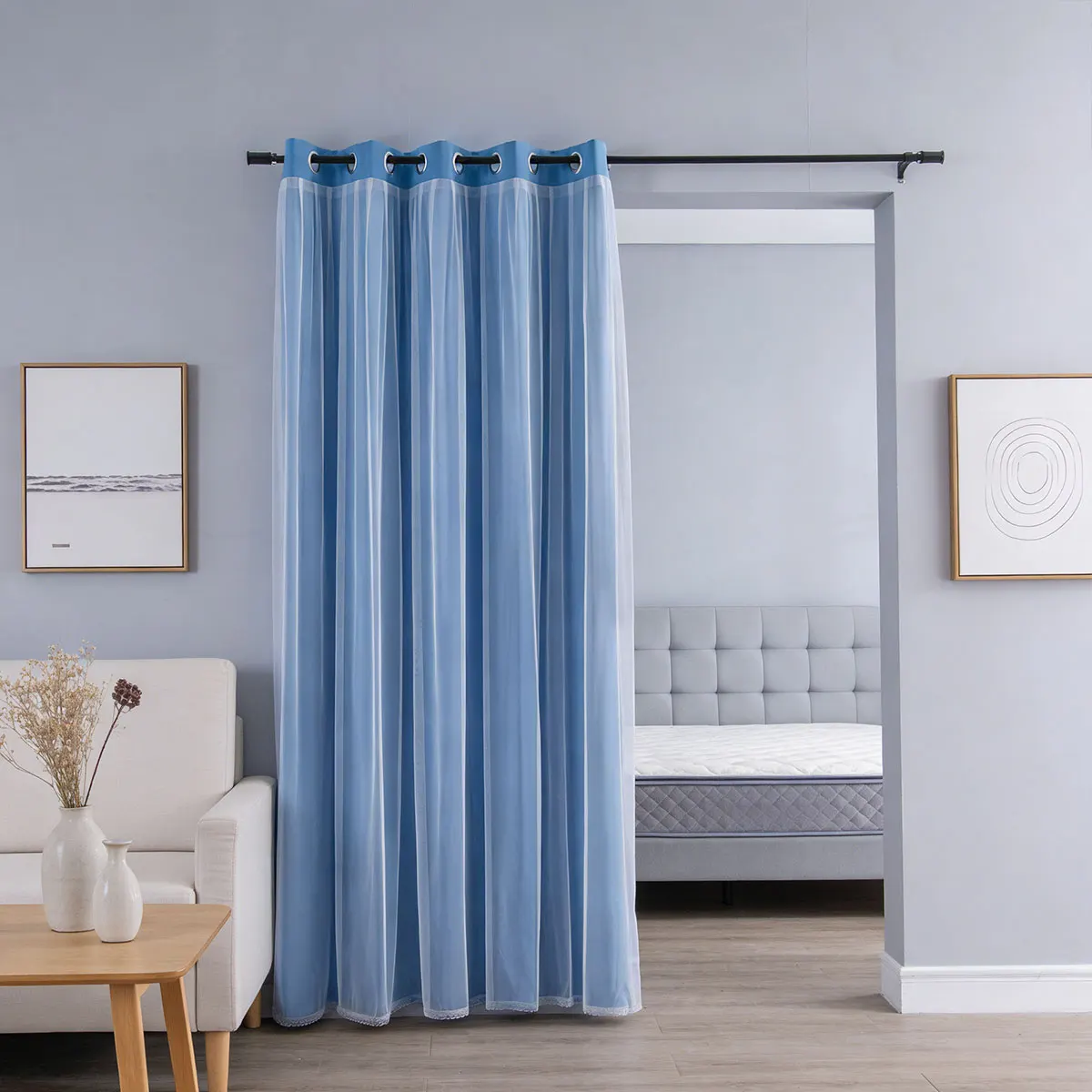 Lake Blue Double Layer Grommet Medium Shading Partition Curtain, Decor Room Divider for Household Interior Doorway