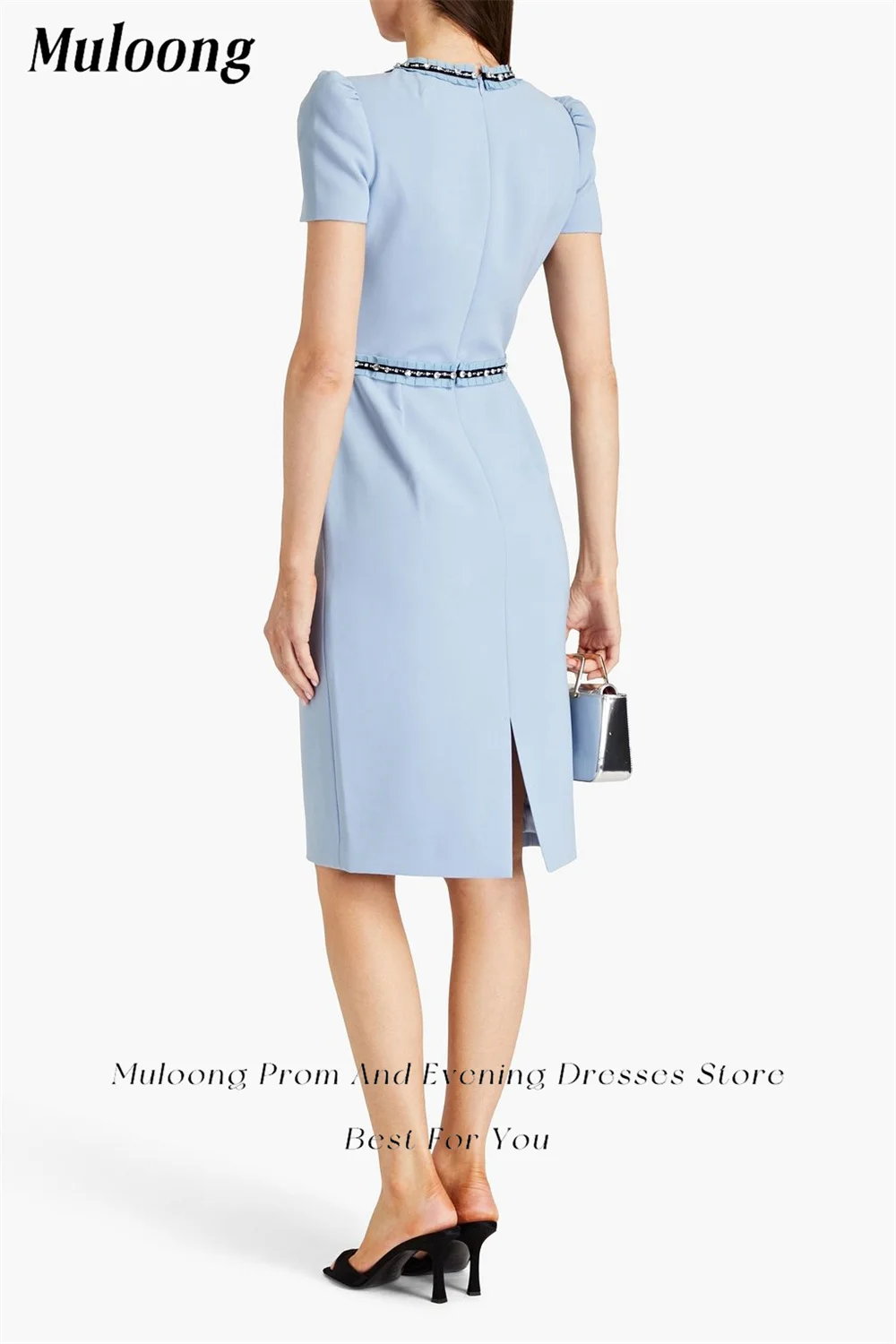 Muloong Sky Blue O Neck Midi Dress Crystal Tea Length Classic Evening Dress 2023 Bow Saudi Aribia Party Dress for Women