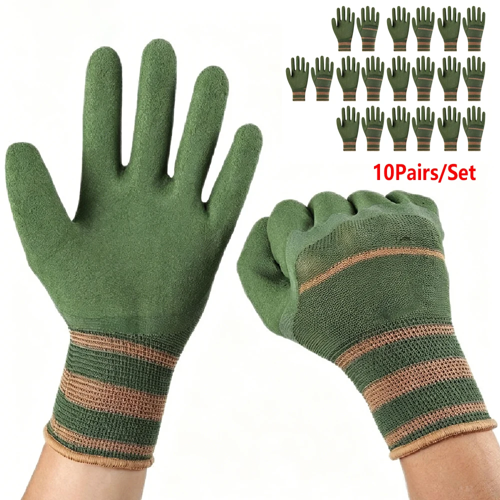 LAOZHAO 10 Pairs/Set Garden Labor Gloves Anti-Slip Wear-resistant Latex Safety Protection Glove Duty Rubber Coated Work Glove
