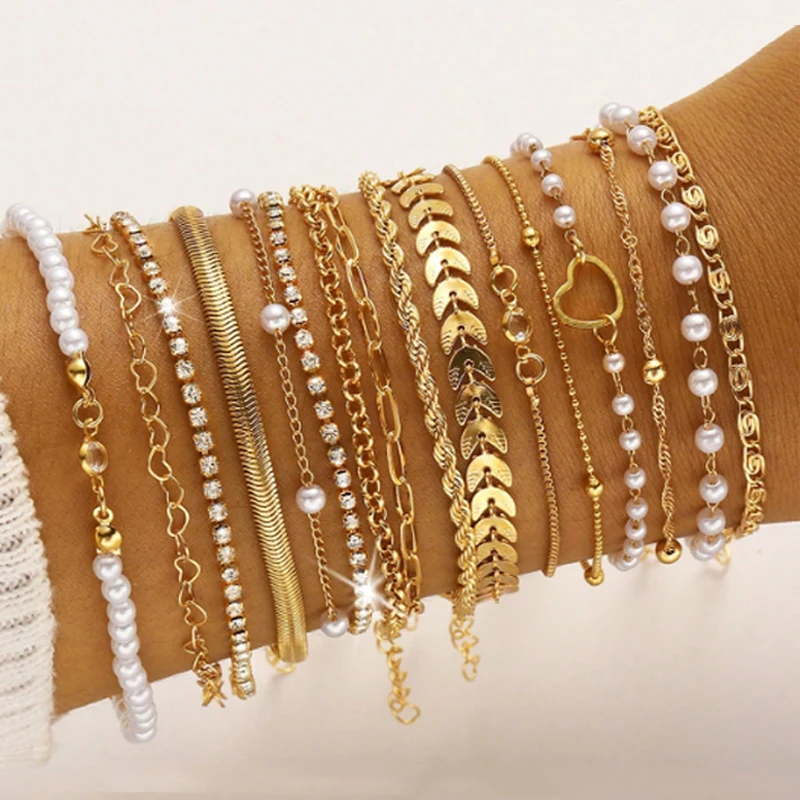 16pcs Minimalist Heart Pearl Rhinestone Snake Chain Bracelet Set for Women Elegant Gold Color Dates Vacations Daily Wear Jewelry