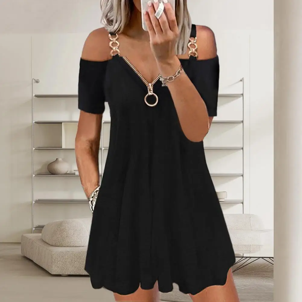 Mini vestido casual solto manga curta com gola V, zíper de metal, monocromático, plus size, nova moda, verão, 2023