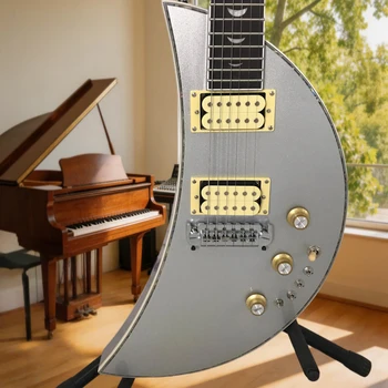 Srebrna gitara elektryczna w kształcie kosmity, inkrustacje na podstrunnicy w kształcie półksiężyca, rzadki model kolekcjonerski, mahoniowy korpus, dla początkujących, 22 struny, prezent.