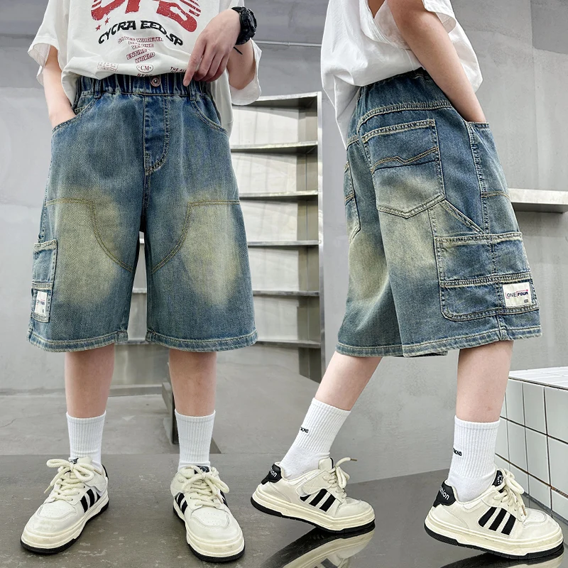 Summer Boy Luxury Clothes Denim Shorts with Pocket Kids Child High Quality Patchwork Knee-Length Jeans Pants 5 7 9 11 12 13 14 T