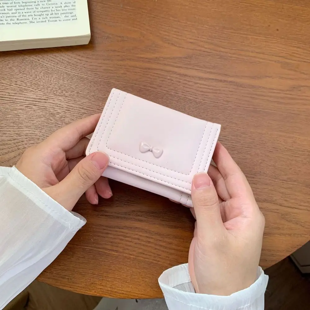 New Bowknot Short Wallet PU Leather Large Capacity Coin Purse Solid Color Mini ID Card Holder for Women