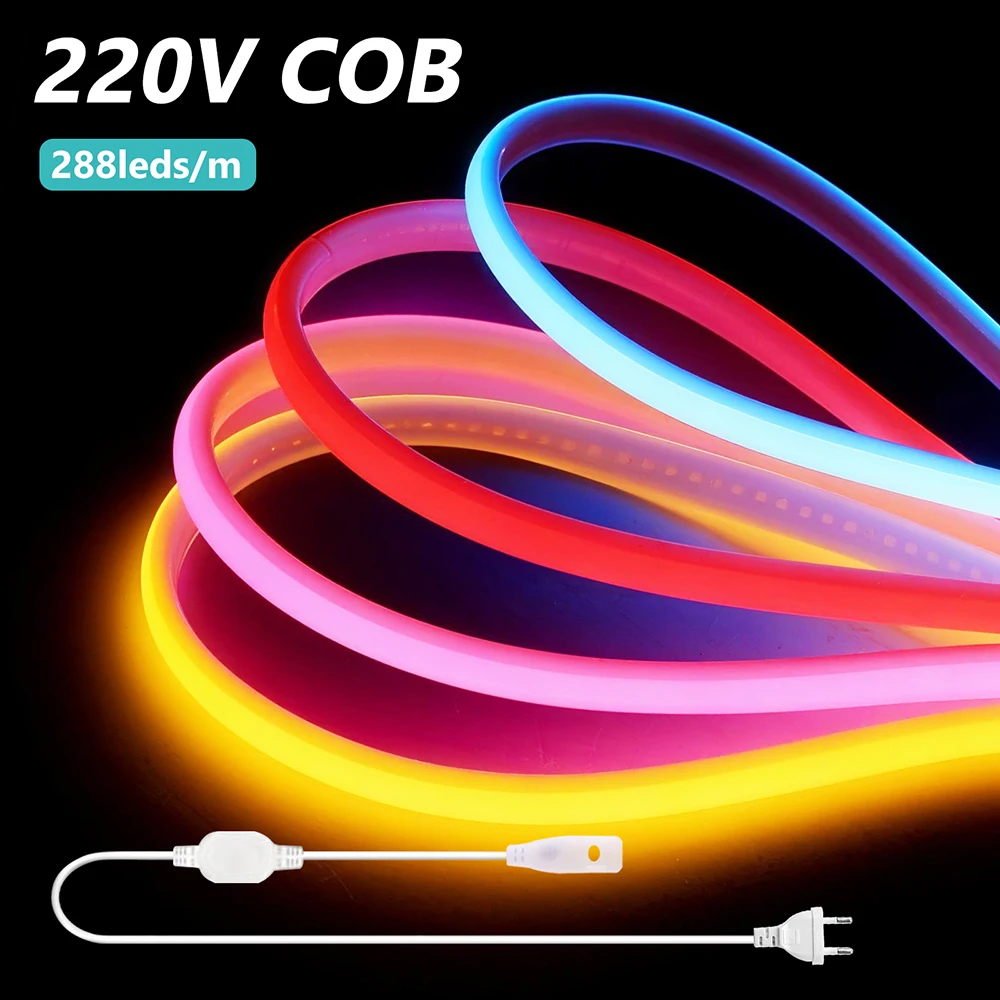 COB LED Neon Strip Light 220V EU Power Kit 10 Colors White Red Ice Blue Pink Yellow Purple Green 288 LEDs Flex Lamp IP67 RA90
