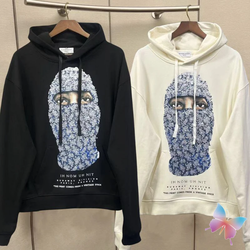 

24ss New Winter IHNOMUHNIT Hoodie Blue Floral Print Mask Cotton Street 1:1 Quality Drawstring Sweatshirts Men Women Sweater