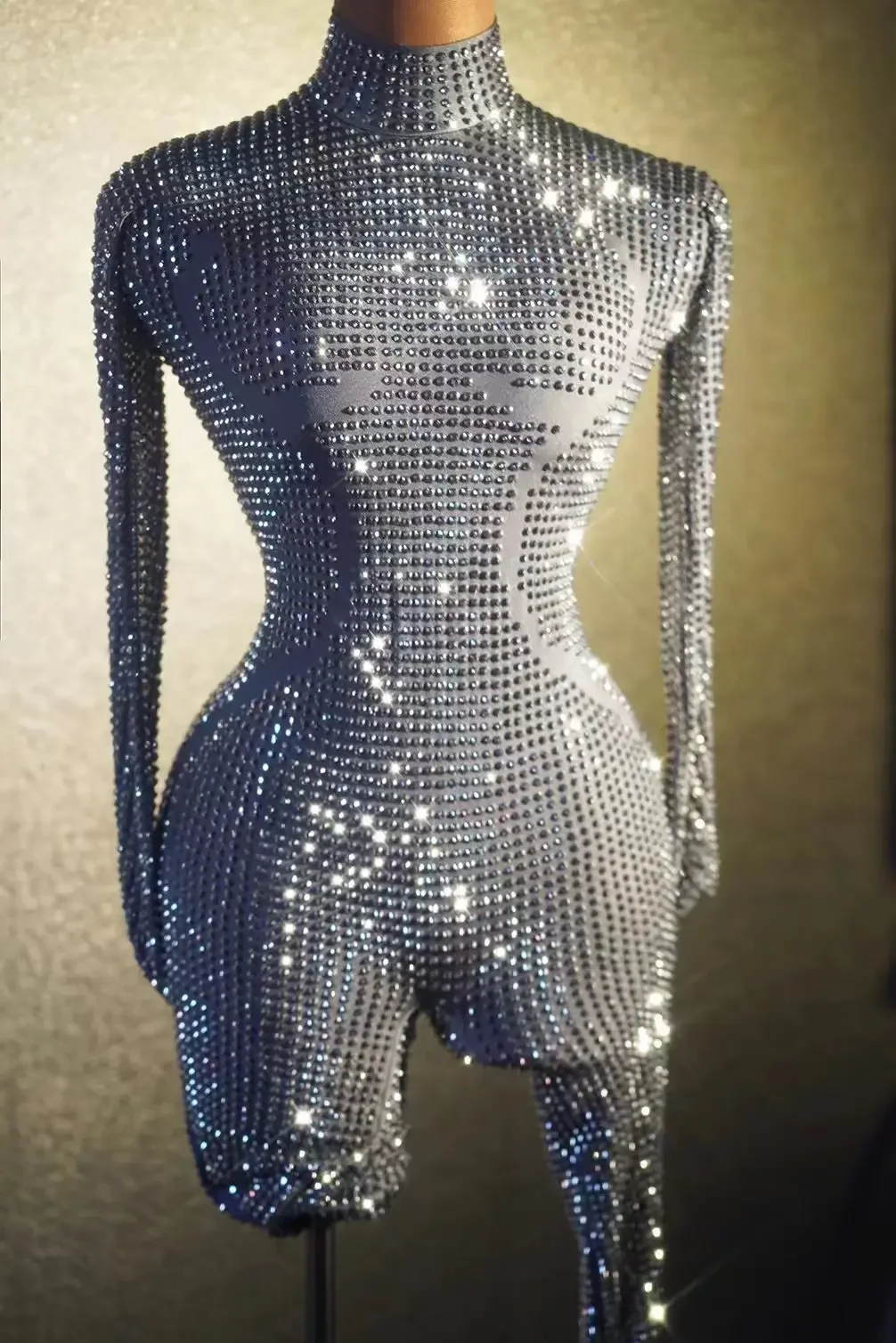 Women Party One Piece Jumpsuits Sparkly Long Sleeve Crystal Rompers Pole Dance Bodycon Bodysuits Stage Performance Wear