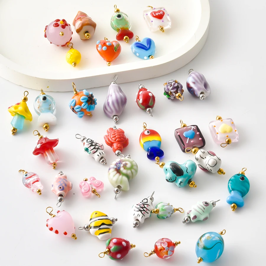 5Pcs Korean Hand Painted Murano Flower Mushroom Pendant DIY Bracelet Jewelry Making Dopamine Glass Glazed Sea Fish Charms Bulk