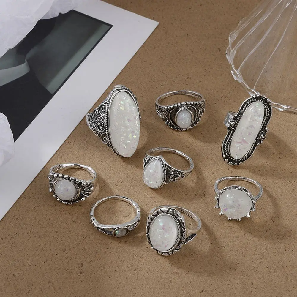 8 Pcs/set New Fashion Transparent White Opal Stone Carving Bohemian Jewelry Women Ring Sets Vintage Inset Joint Ring