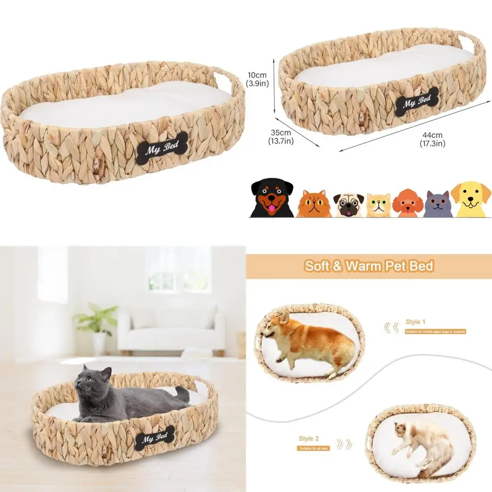 Camas para gatos de interior, cama de mimbre para perros de 18.0 x 14.0 in con cojín suave, nido de gatito de ratán, cesta tejida a mano de jacinto de agua para gatos