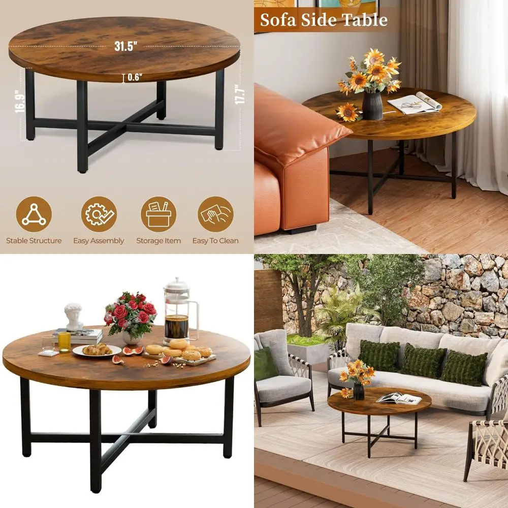 

Large 31.5 Brown Round Coffee Table with Metal Frame for Living Room, Floor Seating, and Office Use