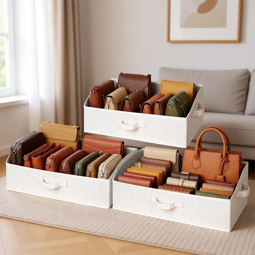 

Collapsible Fabric Storage Bins with Handles, Set of 3 in Beige, White & Ivory