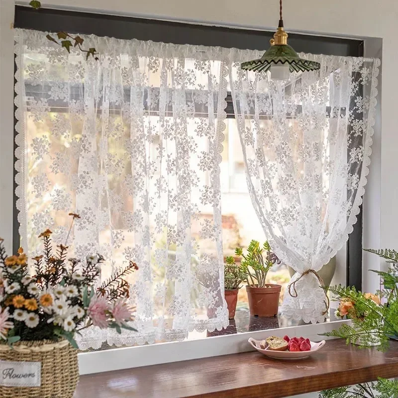 1PC Short Flower Curtain Kitchens Small White Lace Gauze Tulle Blackout Partition Door Decor Floating Window Half Curtains