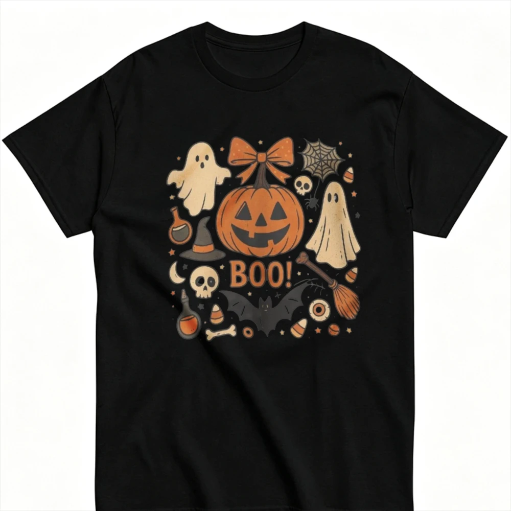Halloween Boo Graphic T‑Shirt Cute Ghost Jack‑O‑Lantern Pumpkin Skull Witch Hat Broom Bat Spider Web Candy Corn Spooky Tee Tops