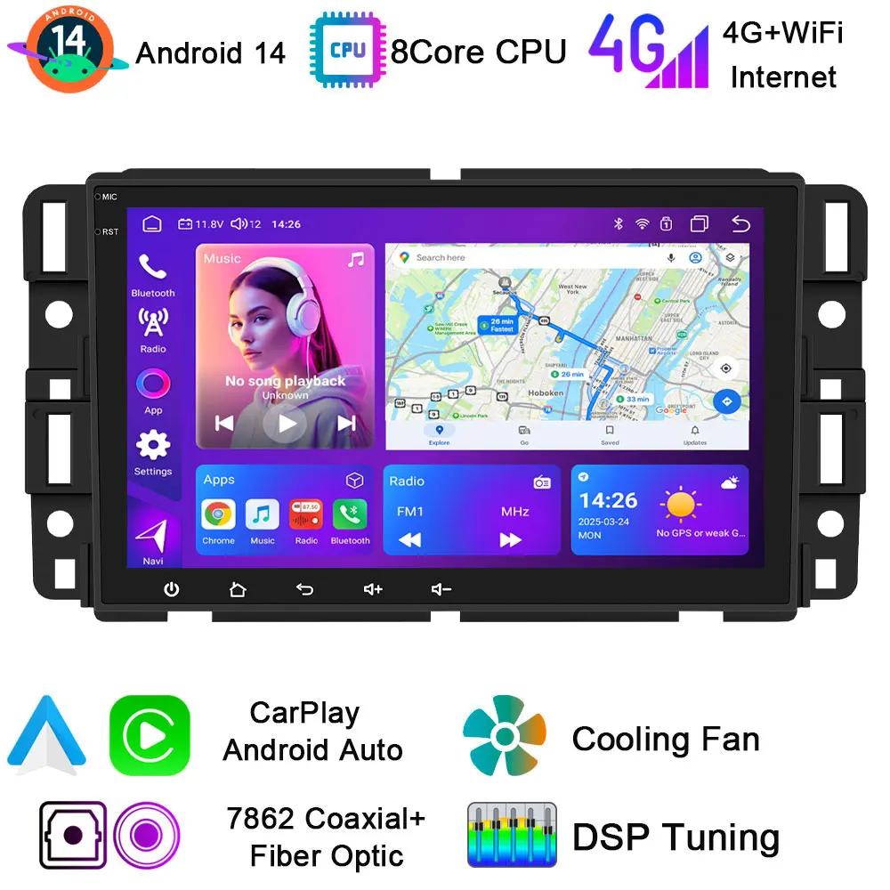 Estéreo de coche para Chevrolet Silverado Chevrolet Tahoe GMC Sierra Android 14 Radio pantalla táctil de 8 pulgadas GPS para unidad principal de coche CarPlay