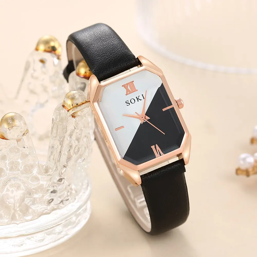 6pcs Square Quartz Watch Dainty Bracelets Set Women Black White Watch Dial Leather Strap Heart Leaf Infinity Bracelets Set