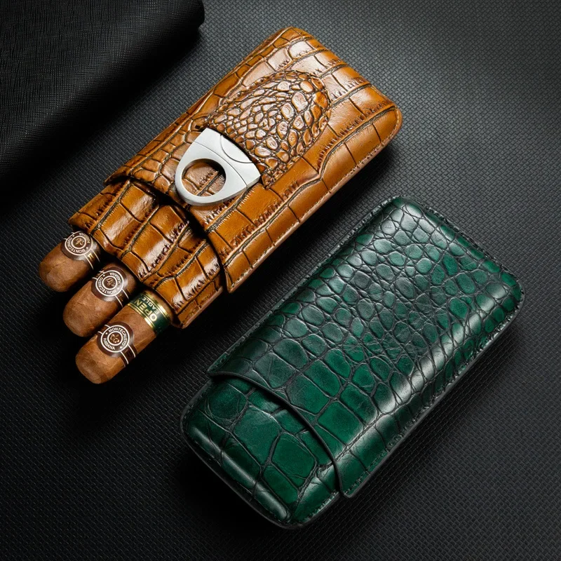 

Brown Crocodile Embossed Leather Cigar Case Moisturizing Portable Travel Cow Leather Cover Fashionable ProtectiCan hold 3 cigars