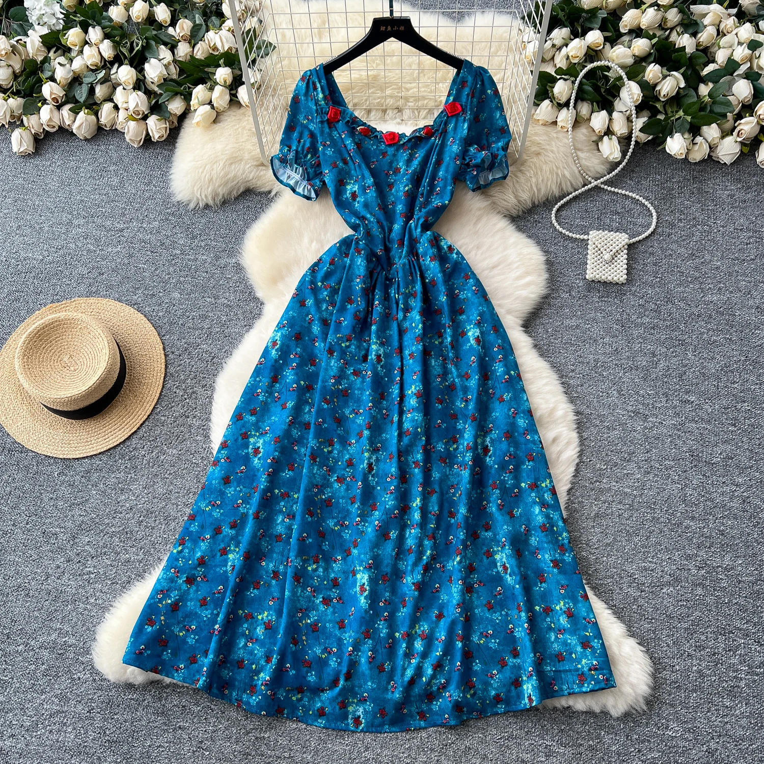 

Sexy square neck puff sleeve A-line Chic Vintage korean fashion Evening Women Beach dresses women clothing