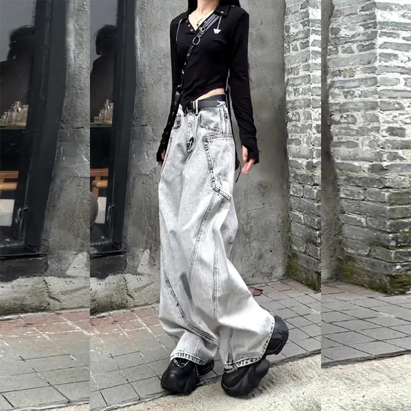 

Cool Retro Distred Straight Leg Wide Leg Pants Women's Faionable Heavy Du Denim Jeans High Waist Long Trousers