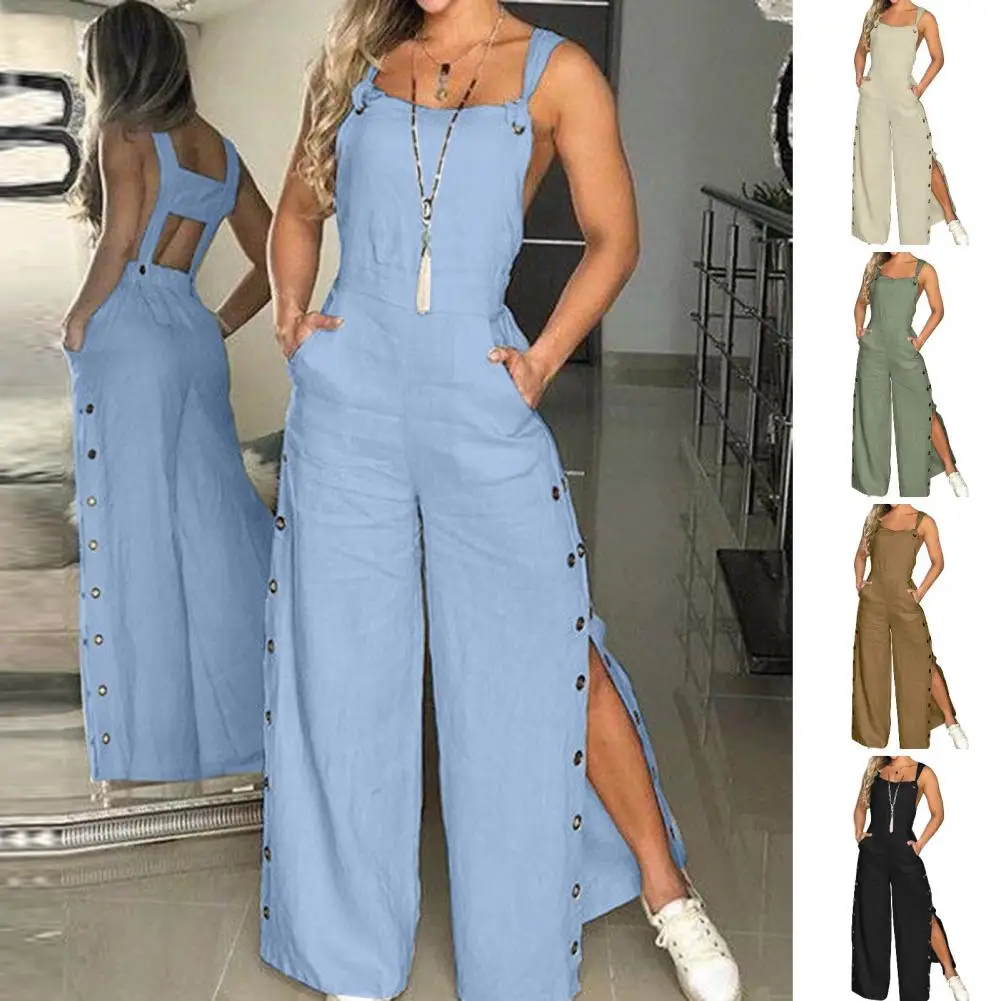 

Women's Sleeveless Wide Leg Jumpsuit with Side Pockets And Button Closure Solid Color Loose Straight-Leg Romper for Women And Gi