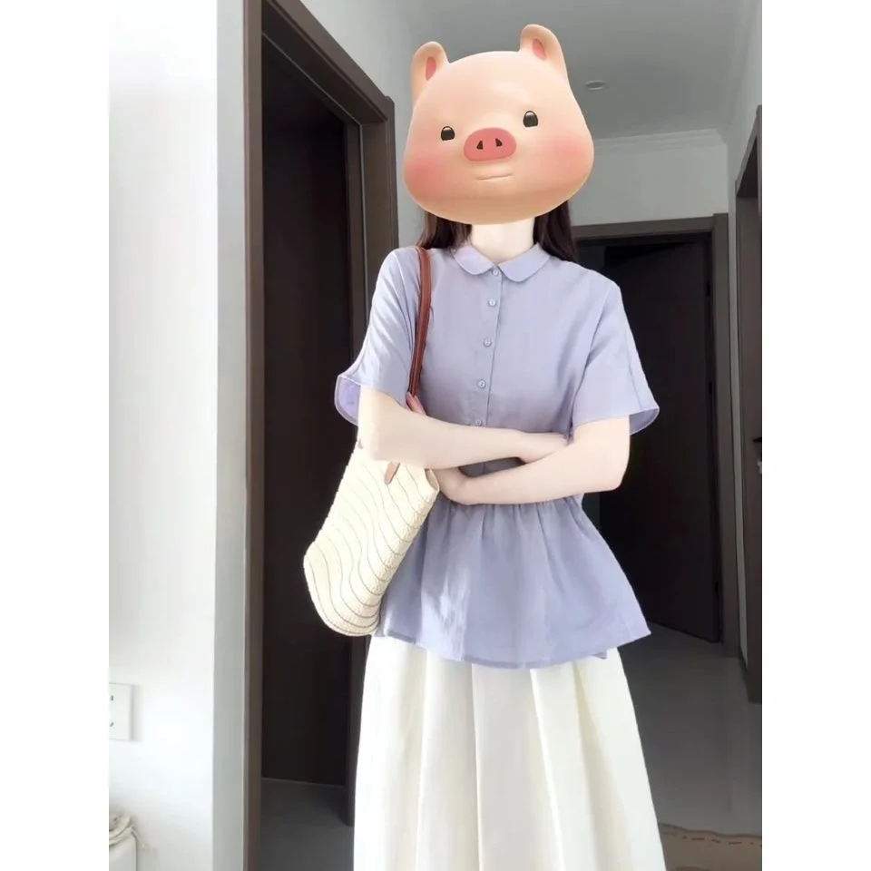 

Short Sleeve Shirts Womens American Retro Striped Blouse Button Down Collar Casual Streetwear Preppy College Style Elegant Shirt