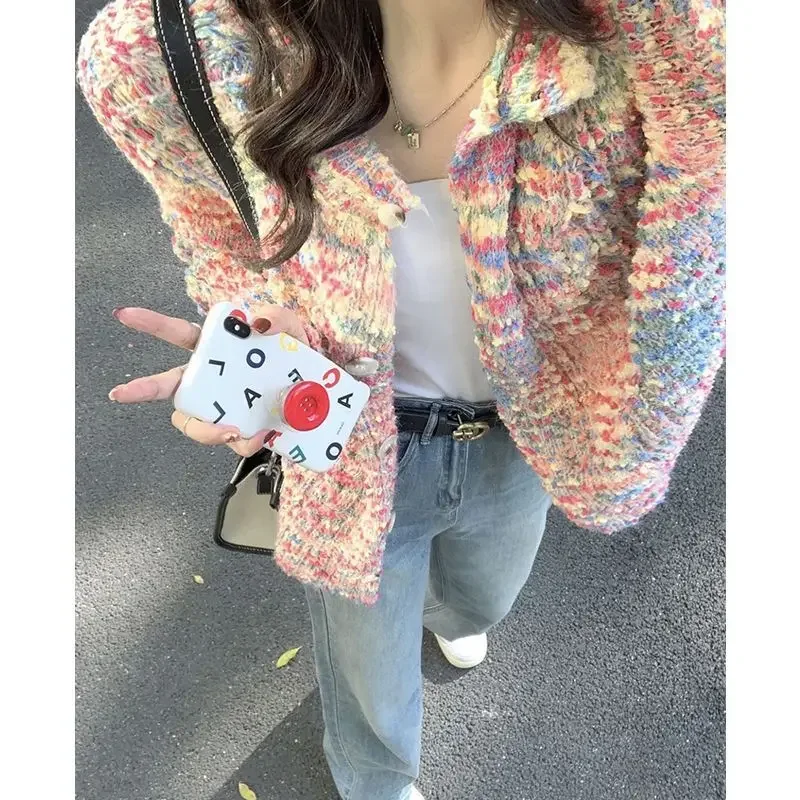 جديد 2025 الربيع/الخريف سترة مشغولة من الصوف المرأة الربيع والخريف لينة الملونة النقاط نمط Preppy المتخصصة بلوزة امرأة #2