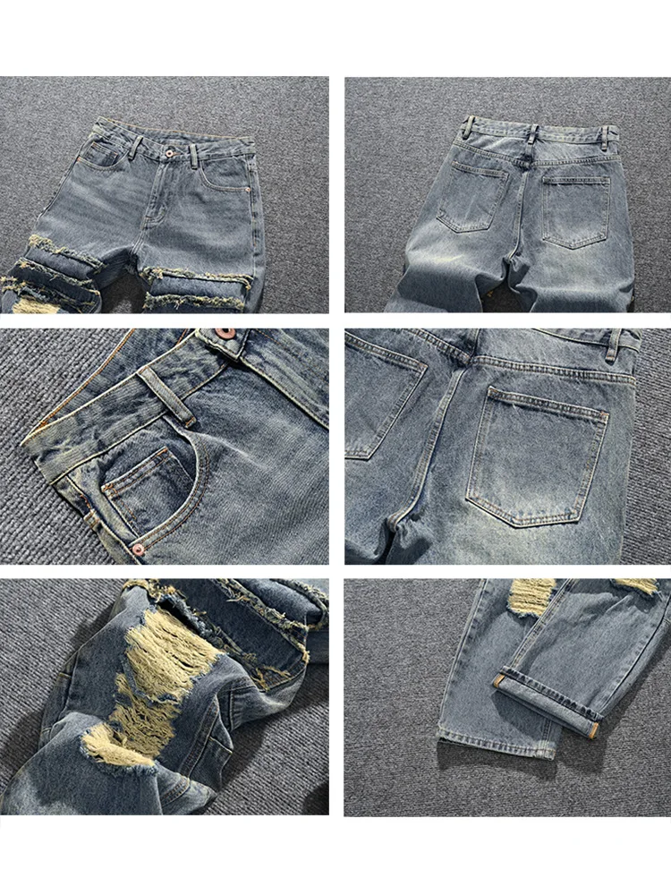 

American fashion brand retro nostalgic loose straight leg ripped jeans for men, street ruff and stylish wide leg pants