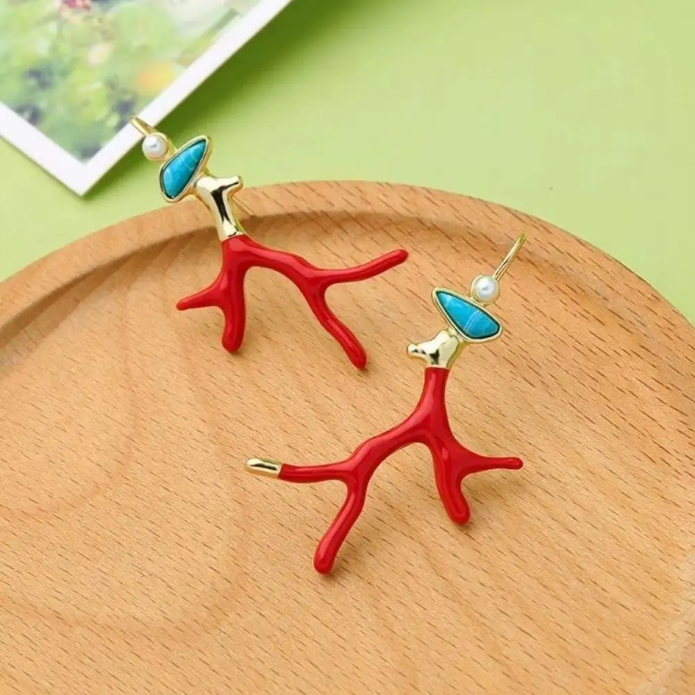 Creative Red Coral Enamel Glaze Earrings U-Shaped Clear Irregular Colored Earrings Fashion Cute Geometric Drop Earrings Women