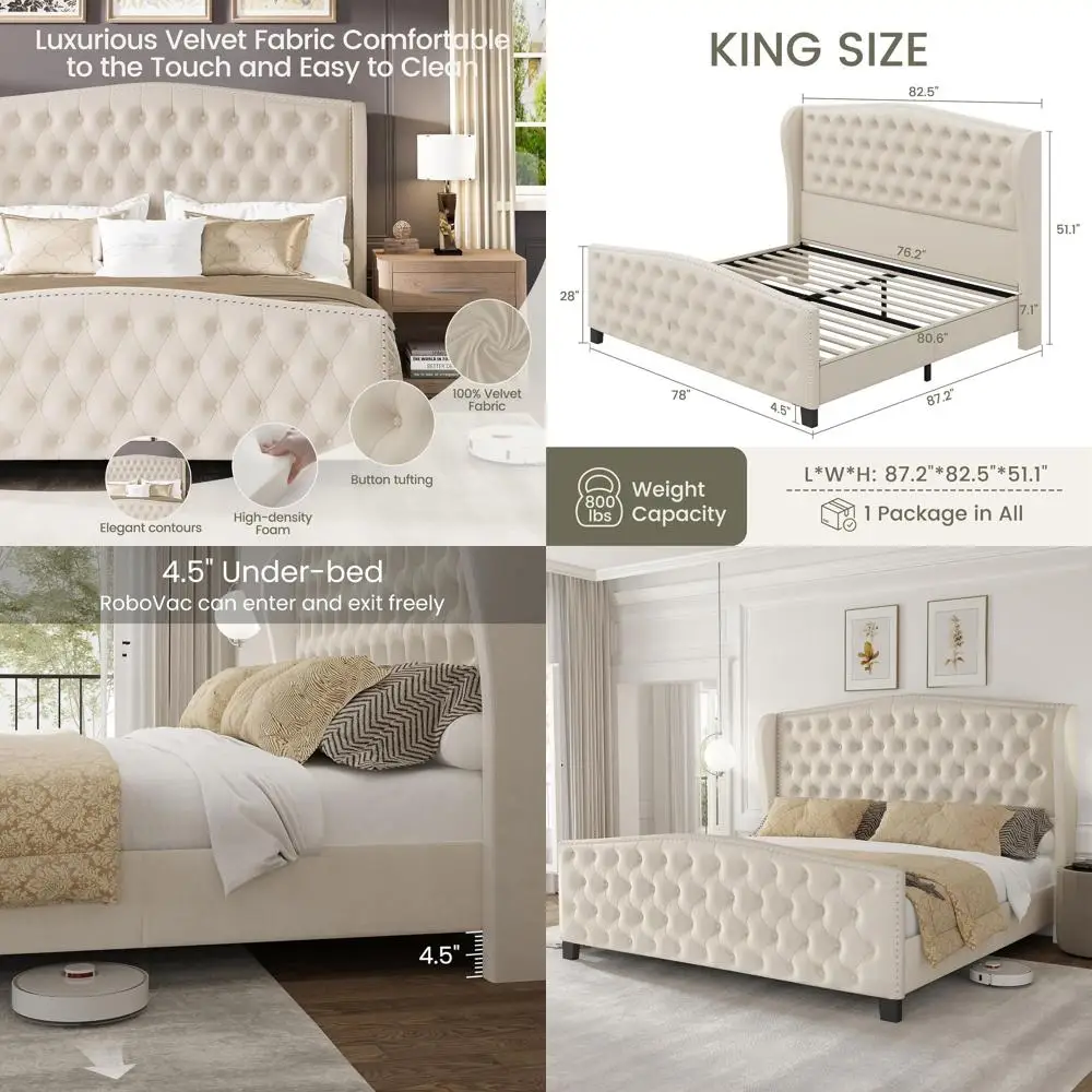 

King Size Velvet Wingback Platform Bed with Deep Button Tufted Headboard, Wood Slat Support, No Box Spring Needed, Beige