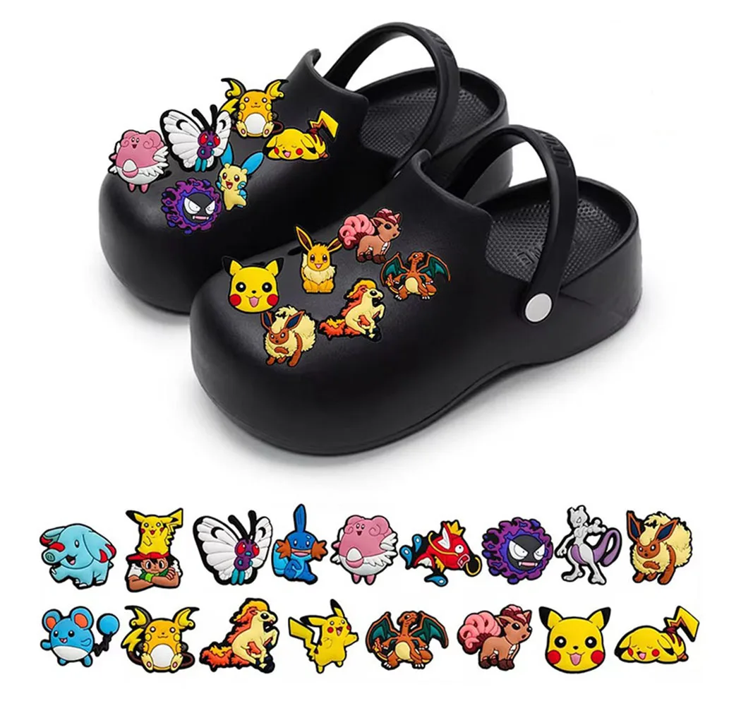 20PCS Pokemon Pikachu Shoes Charms for Clog Sandals Decoration Mix Wholesale PVC Cute Shoe Accessories Charms for X-MAS Gift